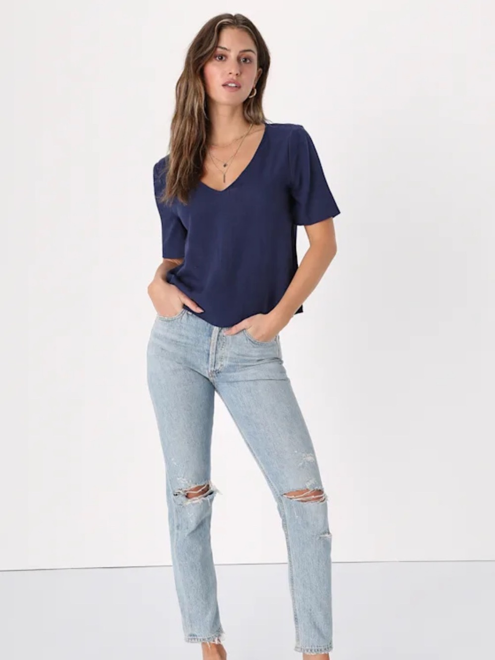 Navy V-Neck Short Sleeve Top XL Lulus